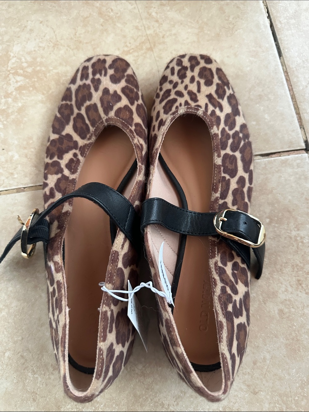 Old Navy Leopard Print Flats with Black Strap and Gold Buckle